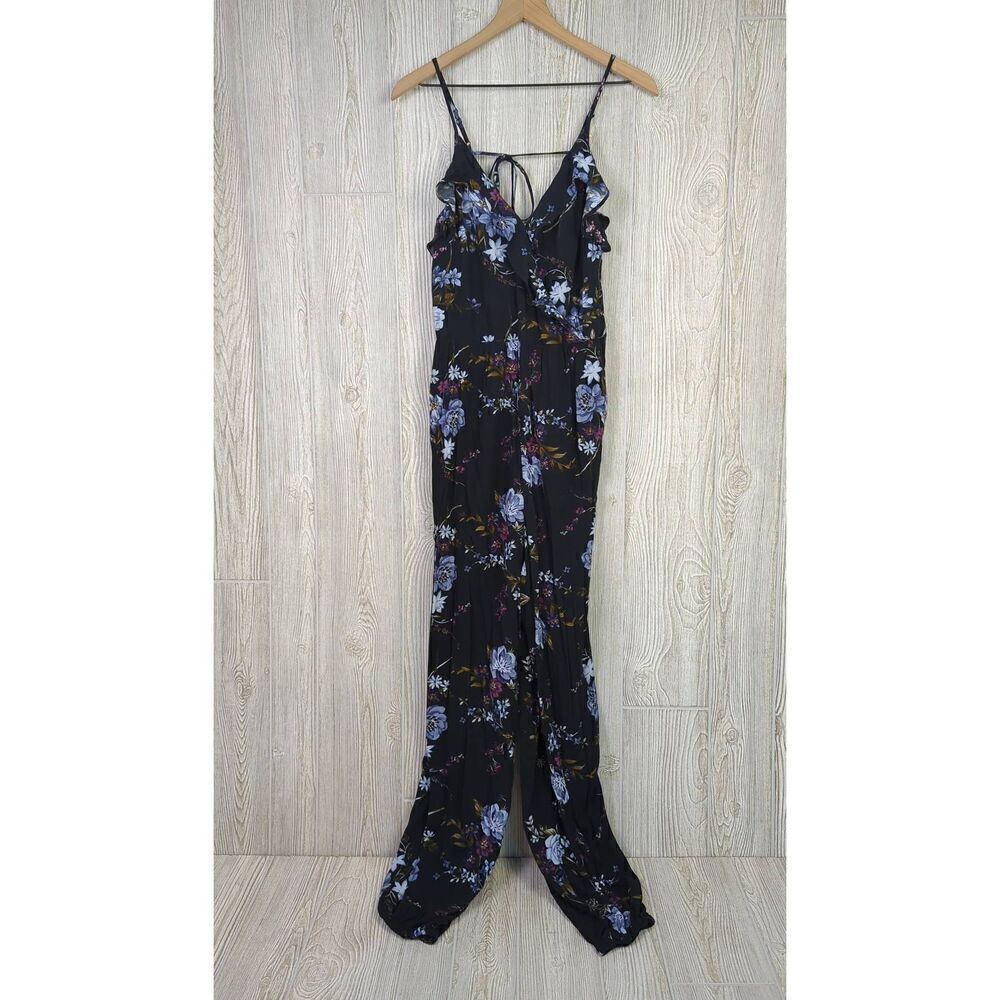 American Eagle Outfitters Women Small Long Faux Wrap Floral Print Jumpsuit Black - Picture 2 of 8
